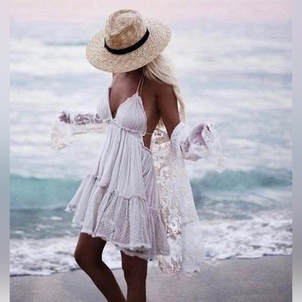 Beachside Bunny - “Savannah” Ivory Swiss dot Adjustable Boho dress. NWT